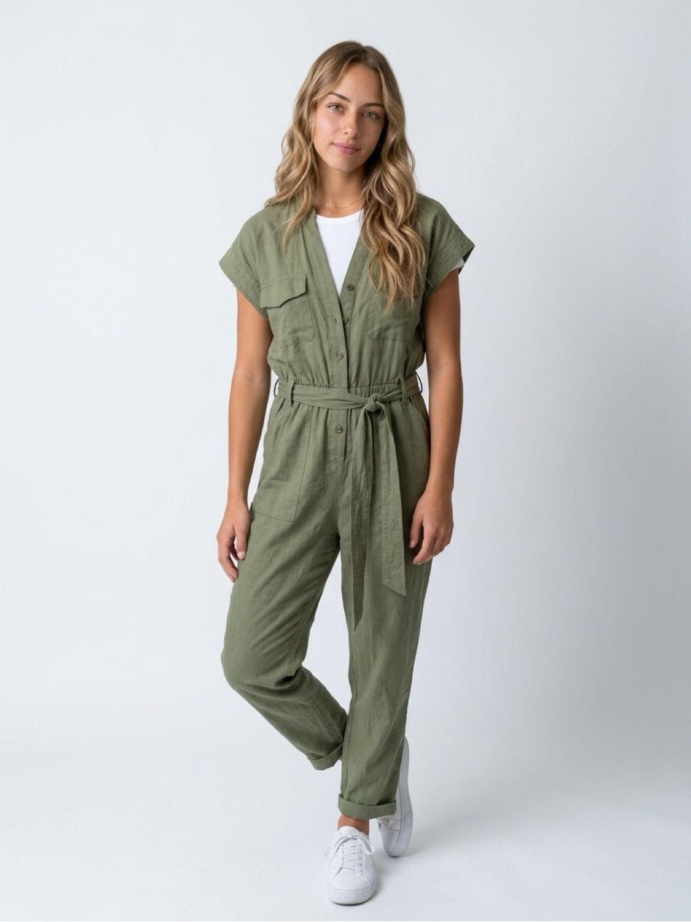 Utility Tie-Waist Jumpsuit in Olive Green